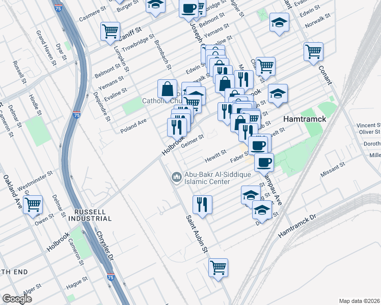 map of restaurants, bars, coffee shops, grocery stores, and more near 2231 Hewitt Street in Hamtramck