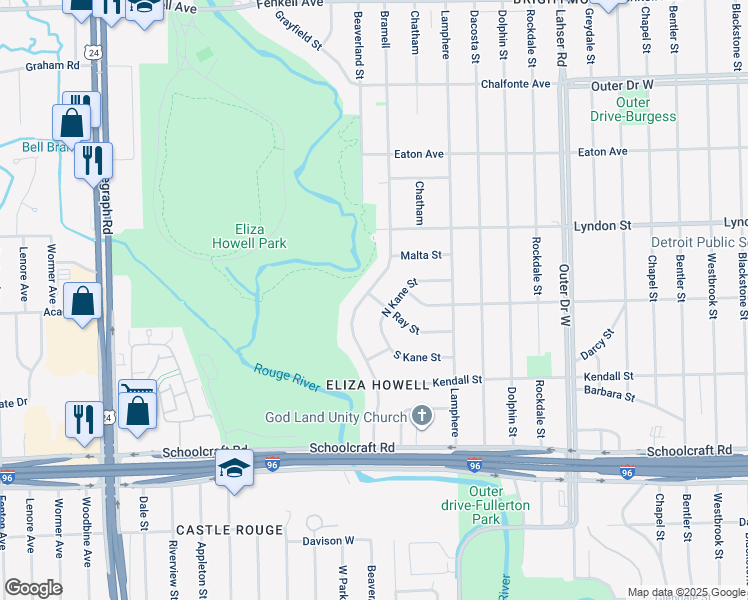 map of restaurants, bars, coffee shops, grocery stores, and more near 22637 North Kane Street in Detroit