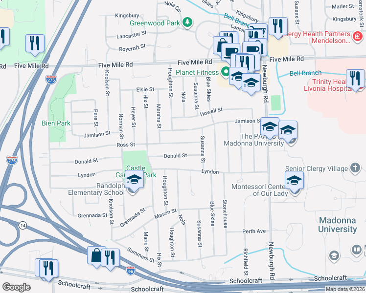 map of restaurants, bars, coffee shops, grocery stores, and more near 37959 Donald Street in Livonia
