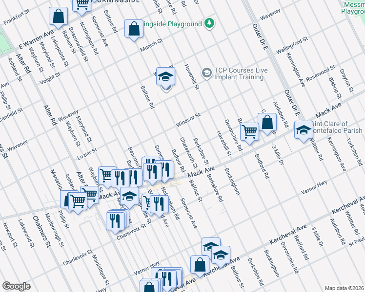 map of restaurants, bars, coffee shops, grocery stores, and more near 3485 Chatsworth Street in Detroit