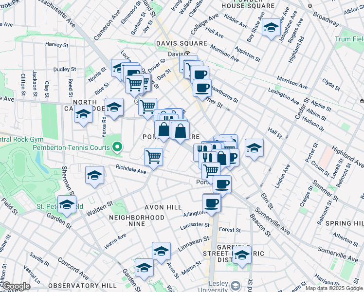 map of restaurants, bars, coffee shops, grocery stores, and more near 2036 Massachusetts Avenue in Cambridge
