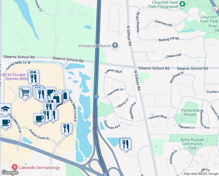 map of restaurants, bars, coffee shops, grocery stores, and more near 2086 Windsong Court in Gurnee