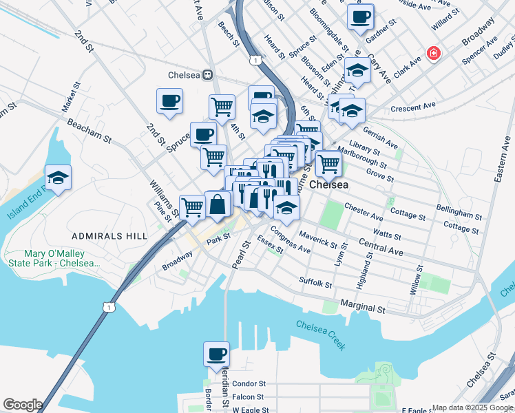 map of restaurants, bars, coffee shops, grocery stores, and more near 302 Broadway in Chelsea