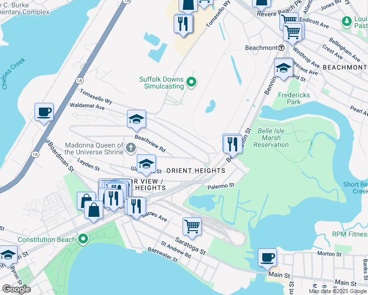 map of restaurants, bars, coffee shops, grocery stores, and more near 65 Waldemar Avenue in Boston