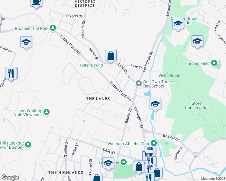 map of restaurants, bars, coffee shops, grocery stores, and more near 66 Totten Pond Road in Waltham