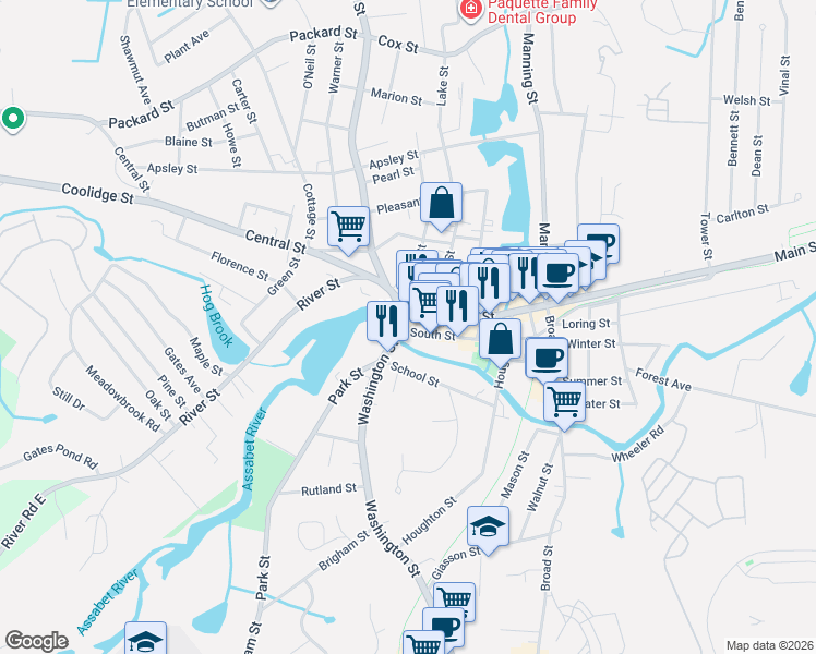 map of restaurants, bars, coffee shops, grocery stores, and more near 0 Washington Street in Hudson