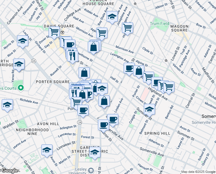 map of restaurants, bars, coffee shops, grocery stores, and more near 283 Summer Street in Somerville