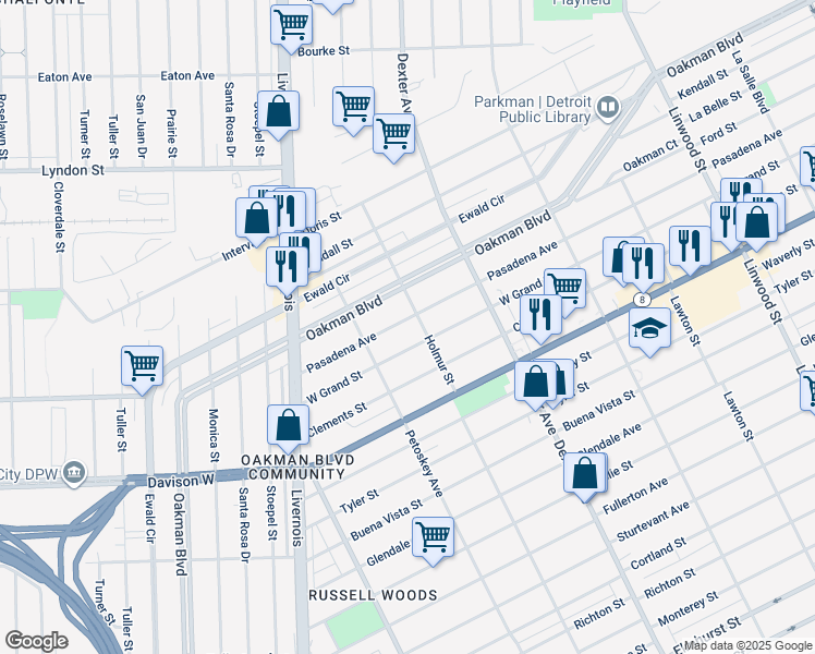 map of restaurants, bars, coffee shops, grocery stores, and more near 4031 Pasadena Street in Detroit