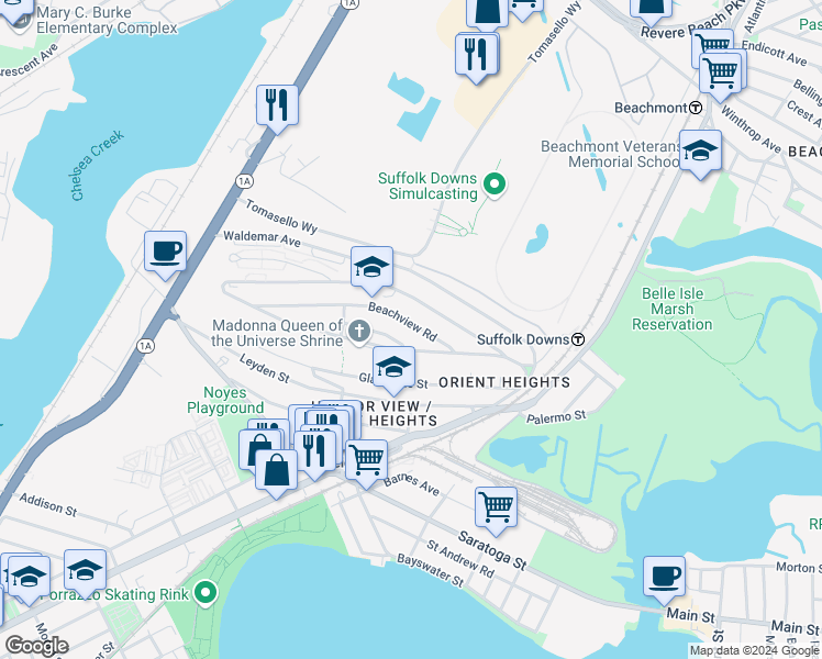 map of restaurants, bars, coffee shops, grocery stores, and more near 38 Beachview Road in Boston