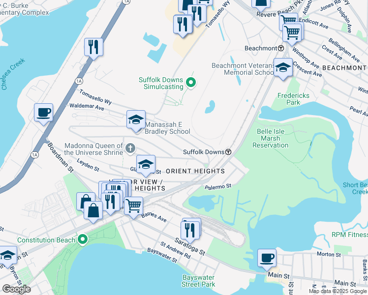 map of restaurants, bars, coffee shops, grocery stores, and more near 65 Waldemar Avenue in Boston