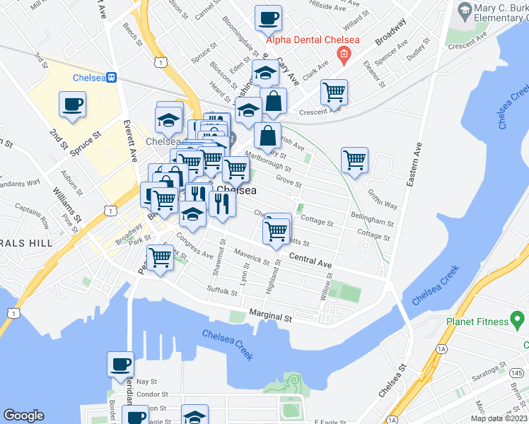 map of restaurants, bars, coffee shops, grocery stores, and more near 36 Cottage Street in Chelsea