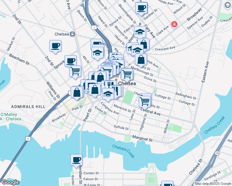 map of restaurants, bars, coffee shops, grocery stores, and more near 154 Shurtleff Street in Chelsea