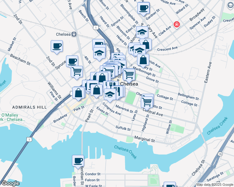 map of restaurants, bars, coffee shops, grocery stores, and more near 154 Shurtleff Street in Chelsea