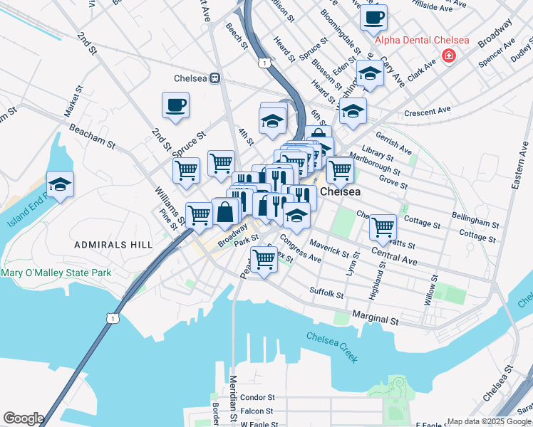 map of restaurants, bars, coffee shops, grocery stores, and more near 302 Broadway in Chelsea