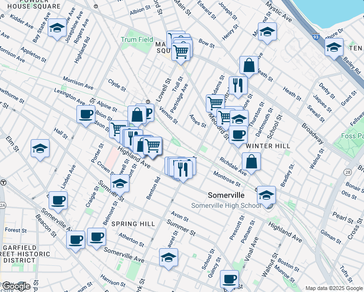 map of restaurants, bars, coffee shops, grocery stores, and more near 9 Bartlett Street in Somerville