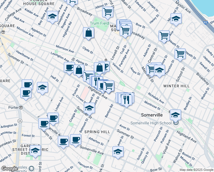 map of restaurants, bars, coffee shops, grocery stores, and more near 28 Woodbine Street in Somerville