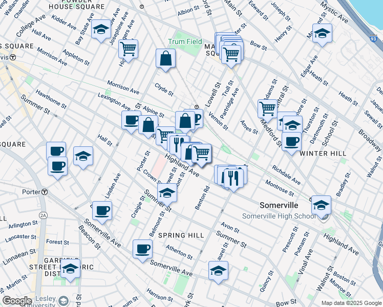 map of restaurants, bars, coffee shops, grocery stores, and more near 98 Albion Street in Somerville
