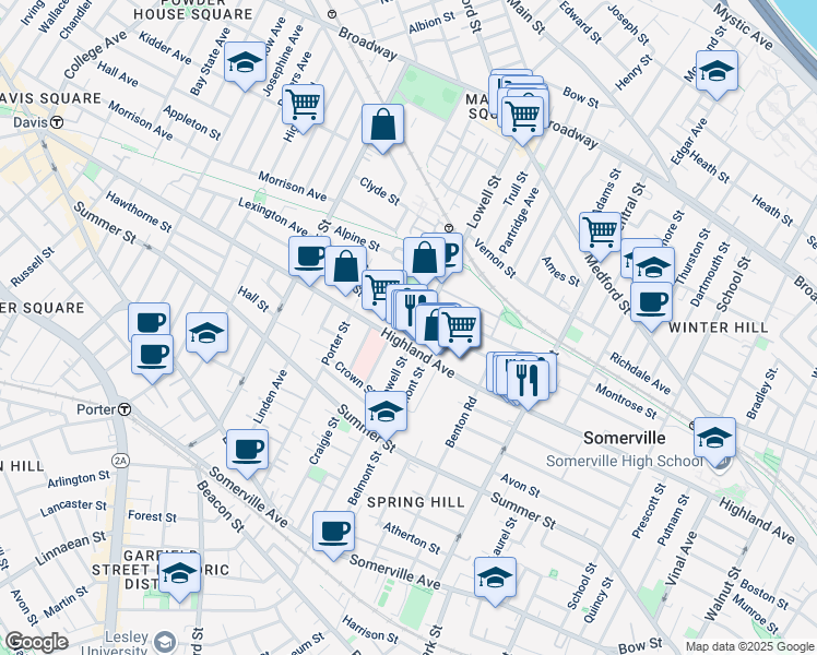 map of restaurants, bars, coffee shops, grocery stores, and more near 98 Albion Street in Somerville