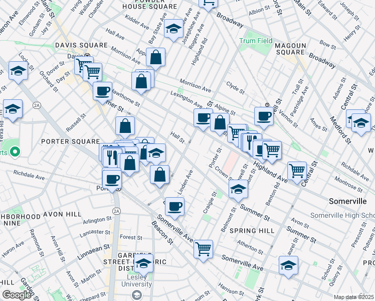 map of restaurants, bars, coffee shops, grocery stores, and more near 11 Hall Street in Somerville