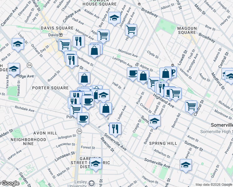 map of restaurants, bars, coffee shops, grocery stores, and more near 11 Hall Street in Somerville