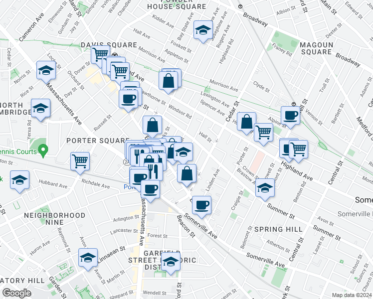 map of restaurants, bars, coffee shops, grocery stores, and more near 283 Summer Street in Somerville