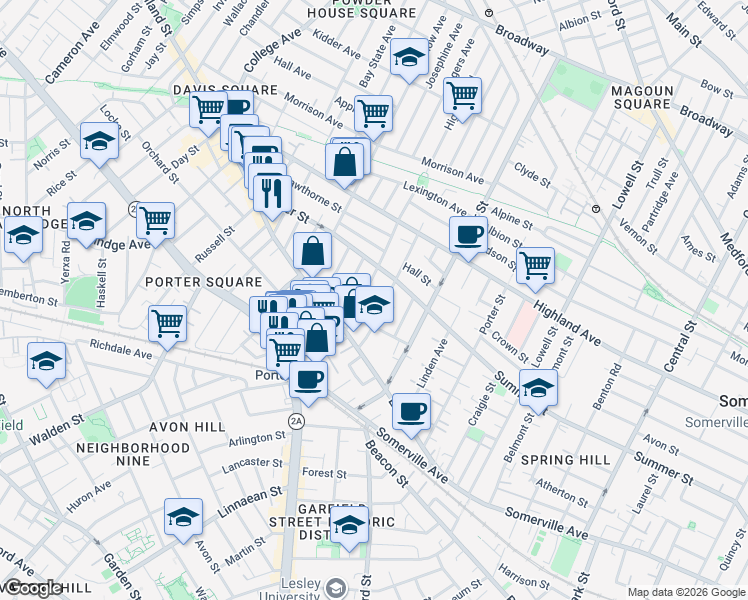 map of restaurants, bars, coffee shops, grocery stores, and more near 41 Burnside Avenue in Somerville