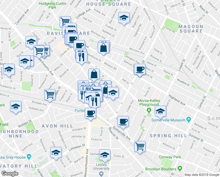 map of restaurants, bars, coffee shops, grocery stores, and more near 41 Burnside Avenue in Somerville