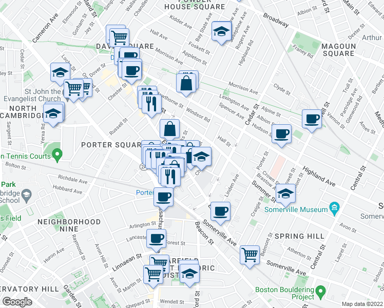 map of restaurants, bars, coffee shops, grocery stores, and more near 41 Burnside Avenue in Somerville