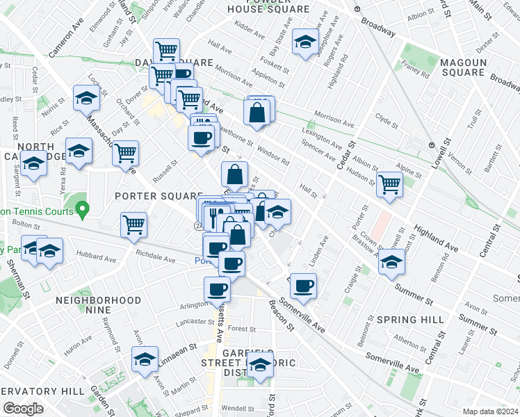 map of restaurants, bars, coffee shops, grocery stores, and more near 41 Burnside Avenue in Somerville