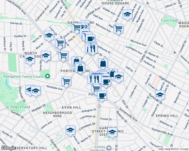 map of restaurants, bars, coffee shops, grocery stores, and more near 25 Beech Street in Cambridge