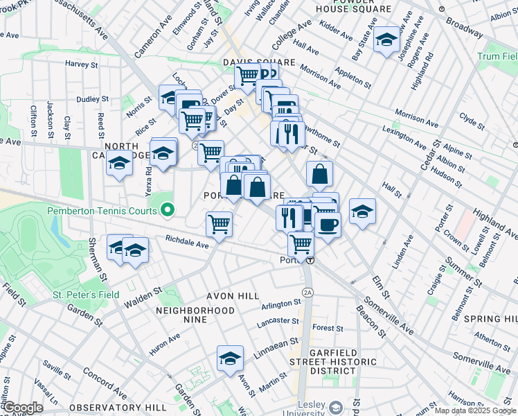 map of restaurants, bars, coffee shops, grocery stores, and more near 2055 Massachusetts Avenue in Cambridge