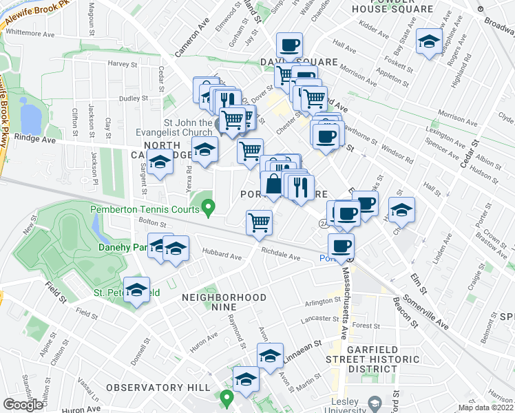 map of restaurants, bars, coffee shops, grocery stores, and more near 35 Pemberton Street in Cambridge