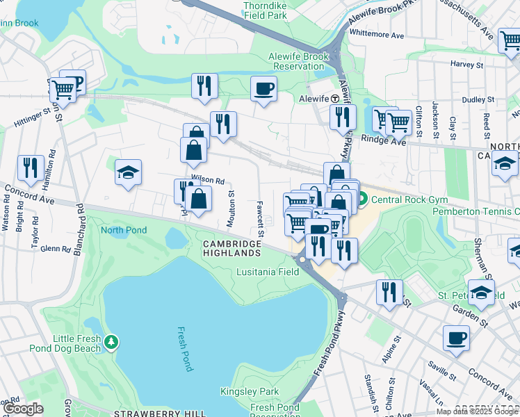map of restaurants, bars, coffee shops, grocery stores, and more near 77 Fawcett Street in Cambridge