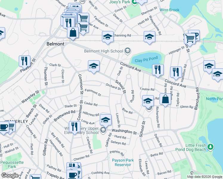 map of restaurants, bars, coffee shops, grocery stores, and more near 123 School Street in Belmont