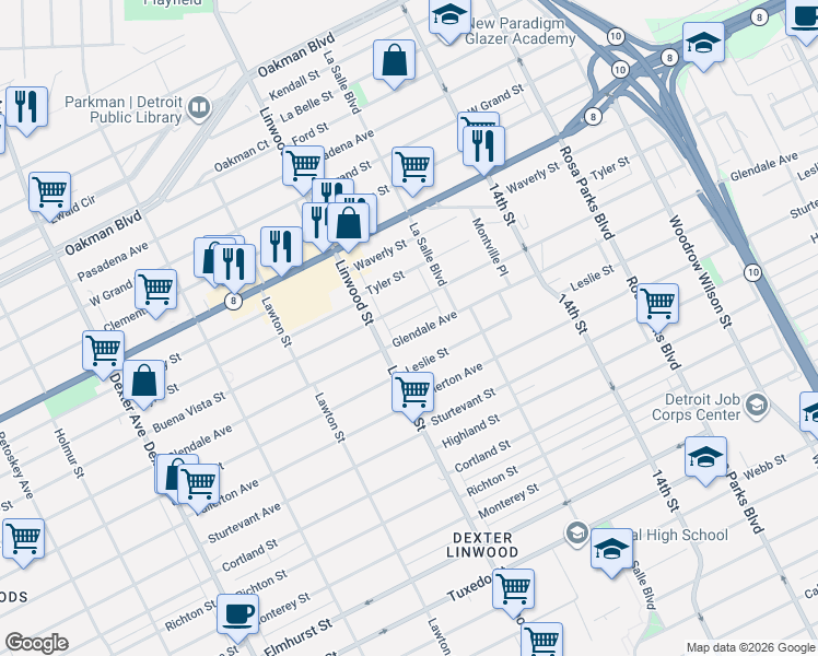 map of restaurants, bars, coffee shops, grocery stores, and more near 2488 Buena Vista Street in Detroit
