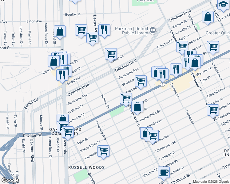 map of restaurants, bars, coffee shops, grocery stores, and more near in Detroit