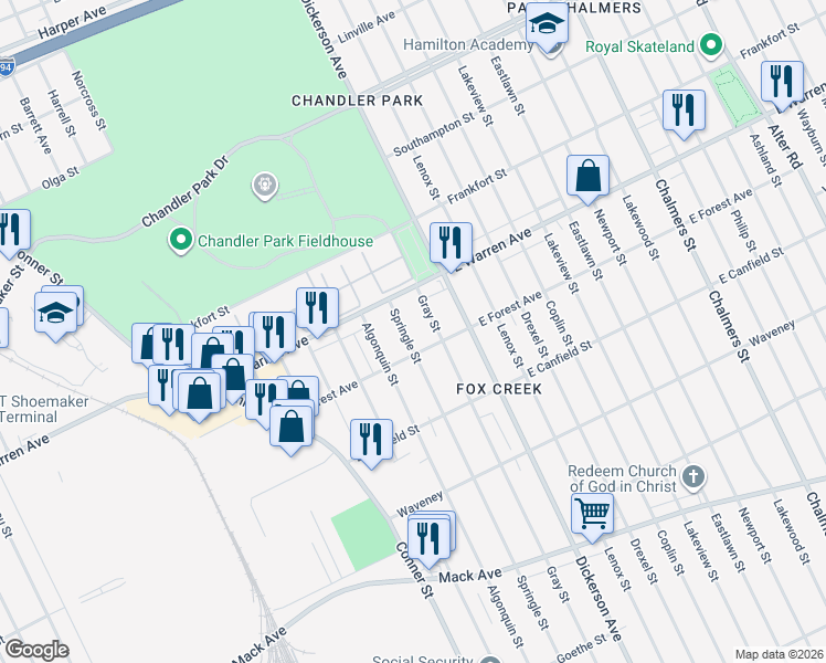 map of restaurants, bars, coffee shops, grocery stores, and more near 4883 Gray Street in Detroit