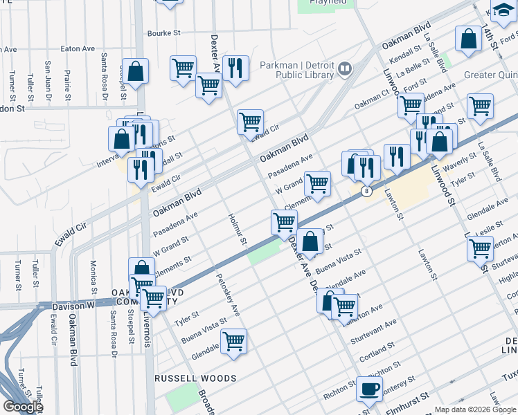map of restaurants, bars, coffee shops, grocery stores, and more near in Detroit