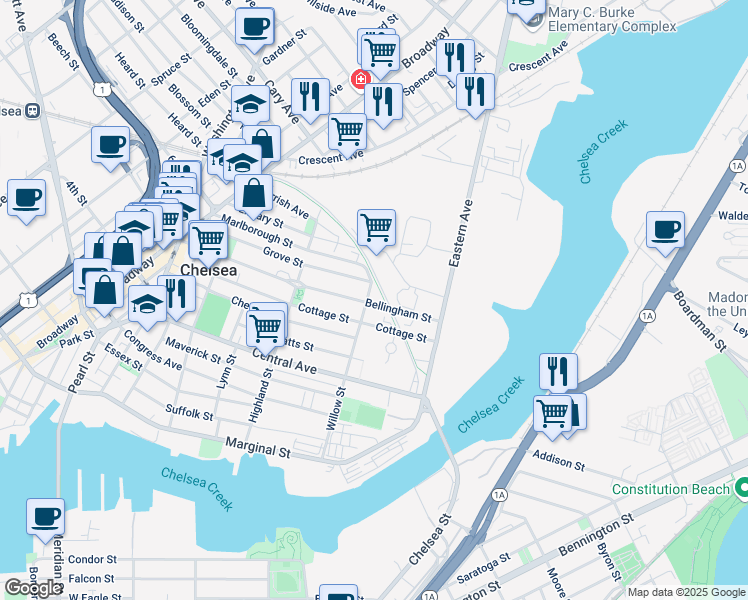 map of restaurants, bars, coffee shops, grocery stores, and more near 7 Griffin Way in Chelsea