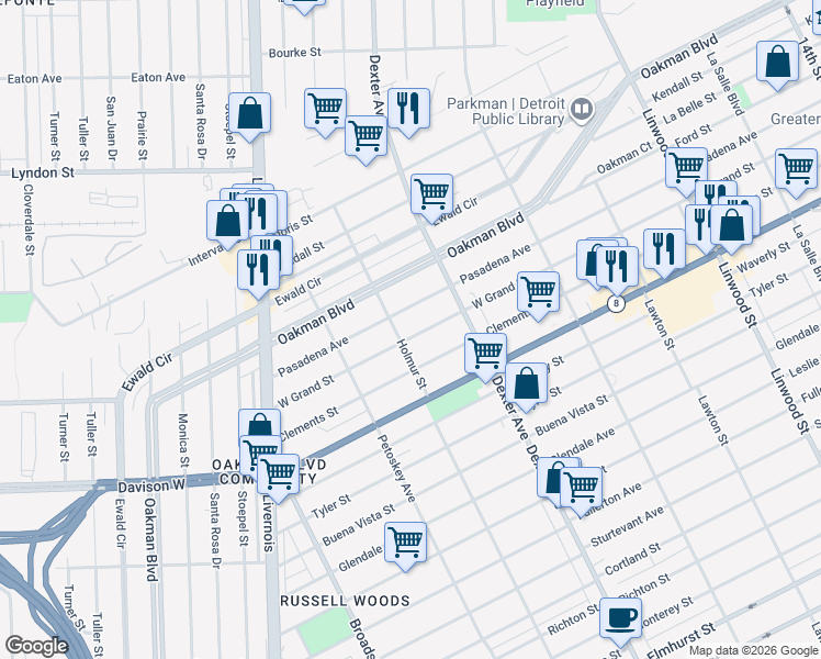 map of restaurants, bars, coffee shops, grocery stores, and more near 3806 Pasadena Street in Detroit