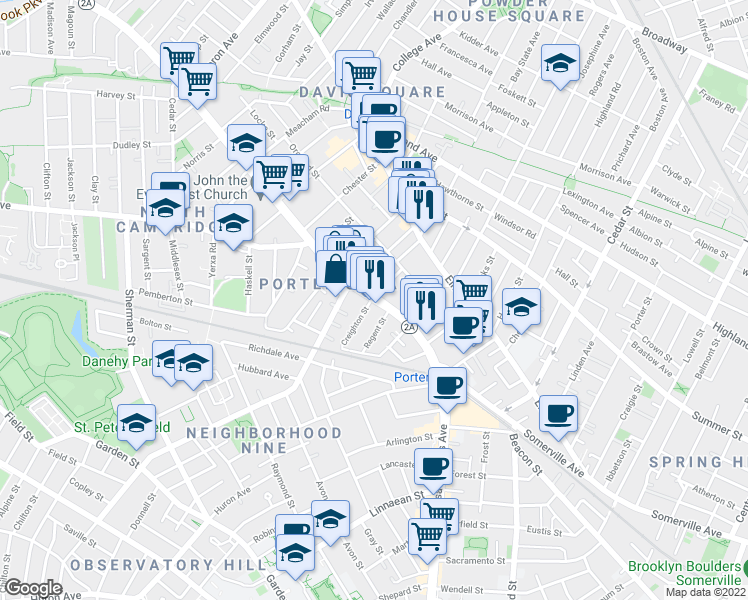 map of restaurants, bars, coffee shops, grocery stores, and more near 2055 Massachusetts Avenue in Cambridge