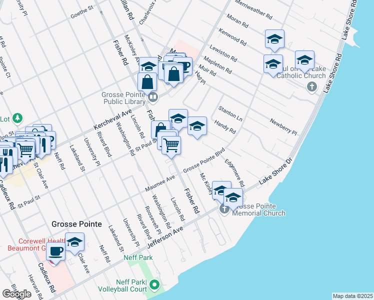 map of restaurants, bars, coffee shops, grocery stores, and more near 11 Grosse Pointe Boulevard in Grosse Pointe Farms