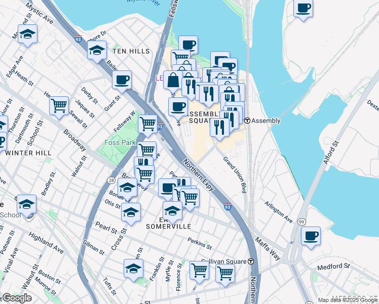 map of restaurants, bars, coffee shops, grocery stores, and more near 5 Middlesex Avenue in Somerville
