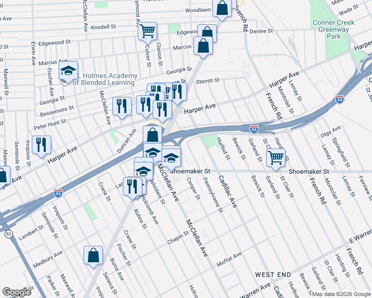 map of restaurants, bars, coffee shops, grocery stores, and more near 6017 Pennsylvania Street in Detroit