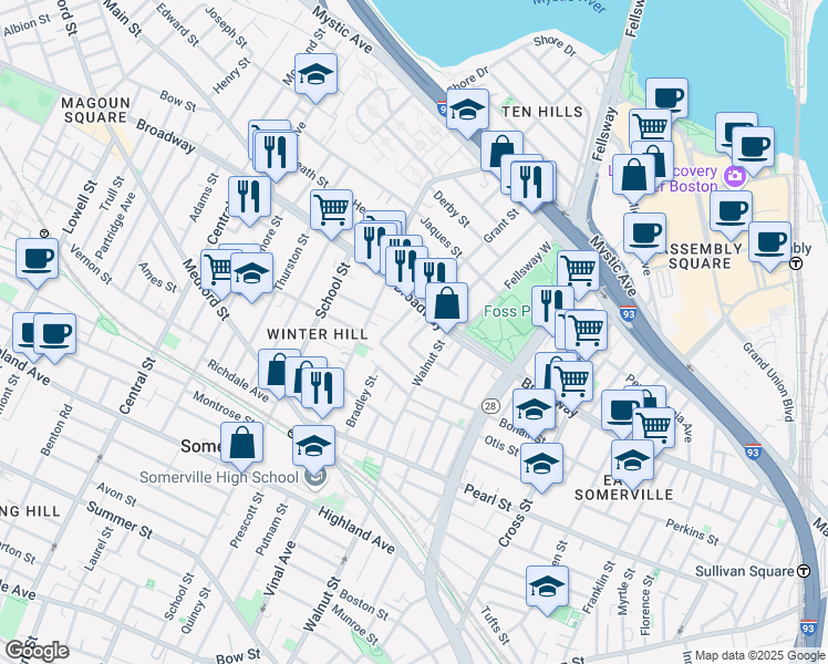 map of restaurants, bars, coffee shops, grocery stores, and more near 300 Broadway in Somerville