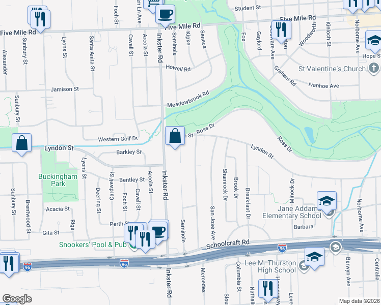 map of restaurants, bars, coffee shops, grocery stores, and more near 27251 Lyndon in Redford Charter Township