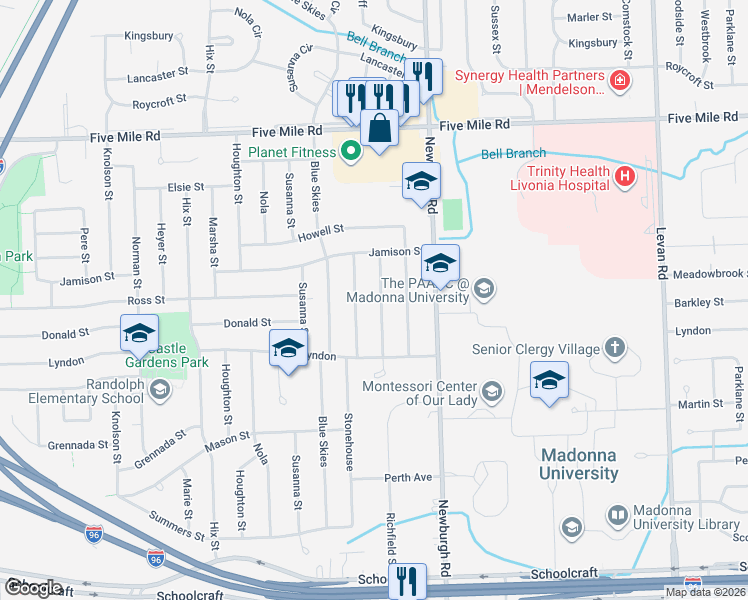 map of restaurants, bars, coffee shops, grocery stores, and more near 14709 Huff in Livonia