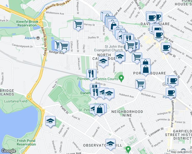 map of restaurants, bars, coffee shops, grocery stores, and more near 16 Notre Dame Avenue in Cambridge