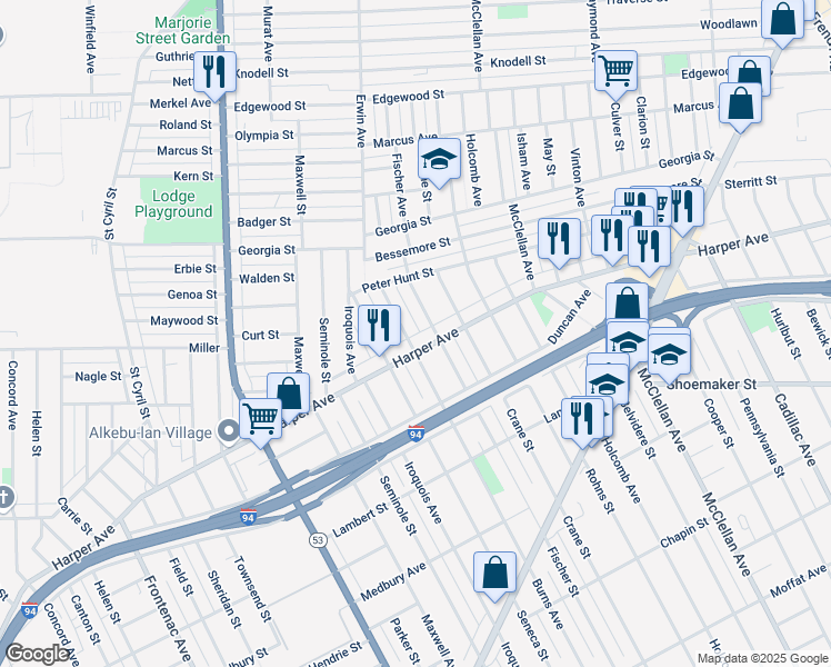 map of restaurants, bars, coffee shops, grocery stores, and more near 6676 Burns Avenue in Detroit