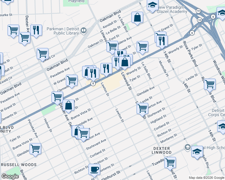 map of restaurants, bars, coffee shops, grocery stores, and more near 13295 Linwood Street in Detroit